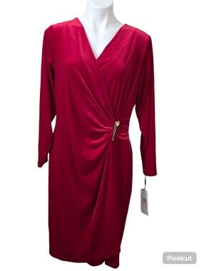 Calvin Klein Crimson Long-Sleeve Faux-Wrap Dress with Gold Trim